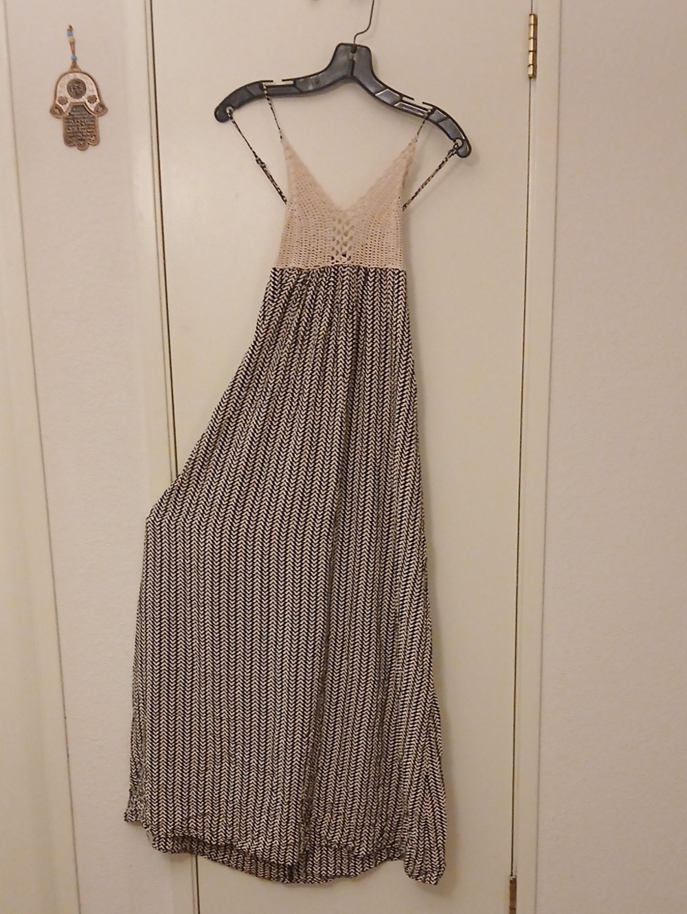 Alythea Beige Crochet Bodice Black Chevron Maxi Dress